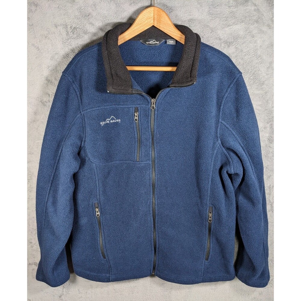 Eddie Bauer Fleece Jacket Mens XL Navy Blue Full Zip Pockets Mock Neck Soft